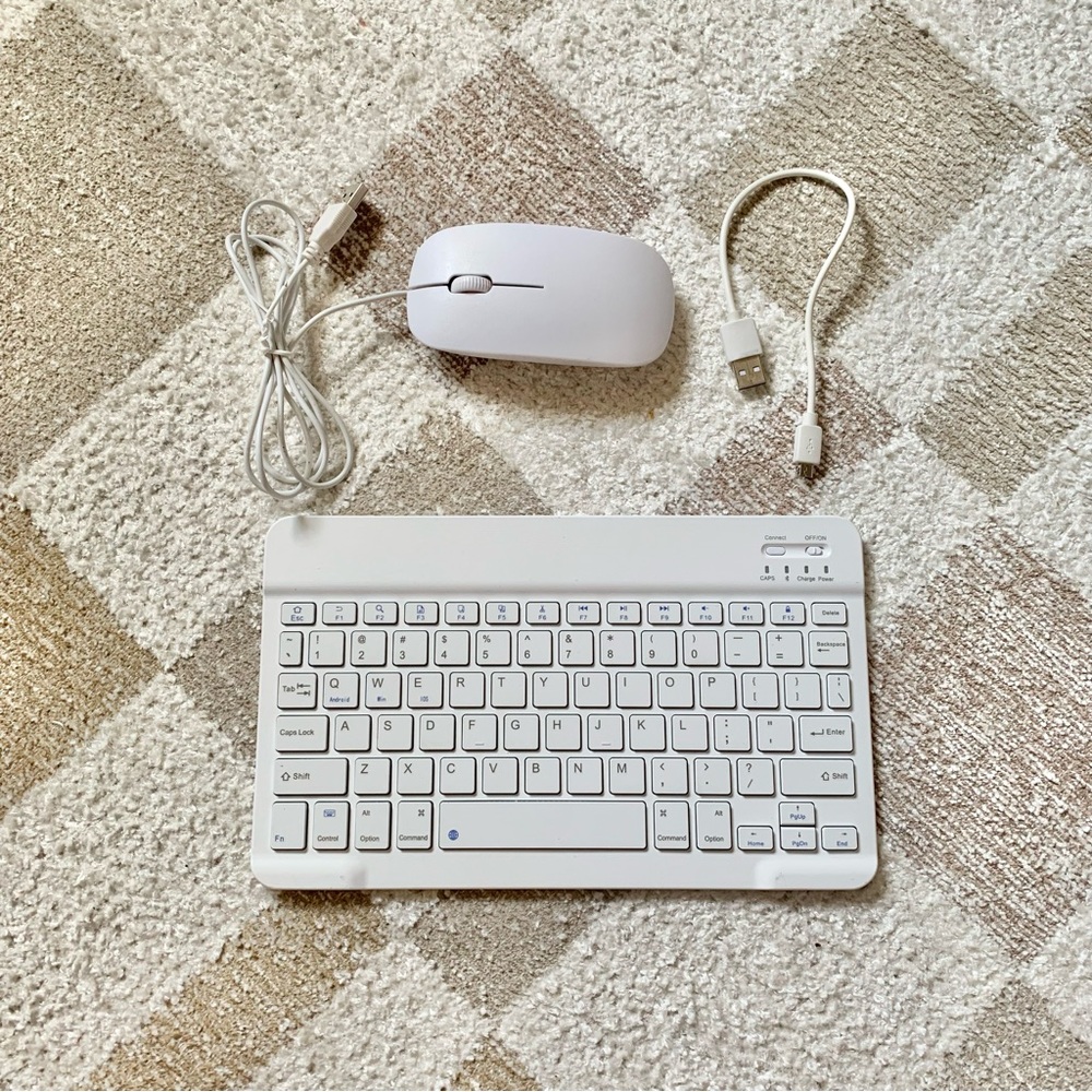 Generic White Bluetooth Keyboard with Charger and White Optical Mouse